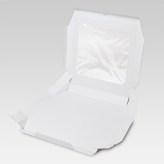 ミエルピザ箱１２インチの内側は清潔感のある白です。四隅を内側に織り込むことによって、上からの圧力に強い形になっています。
